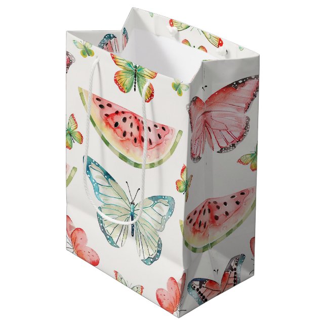 Green Red Watermelon Blue Butterflies Birthday Medium Gift Bag (Front Angled)