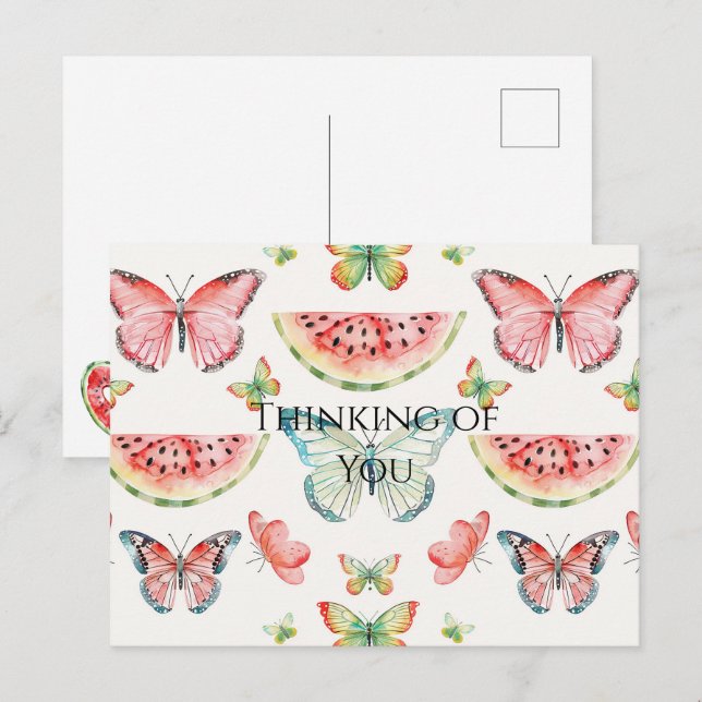 Green Red Watermelon Blue Butterflies Birthday Postcard (Front/Back)