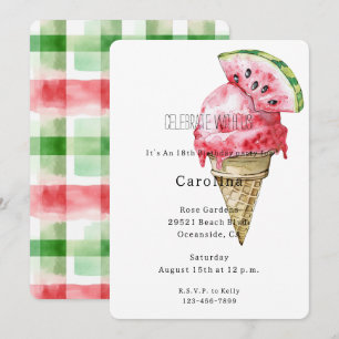 Green Red Watermelon Ice Cream Cone Birthday   Invitation