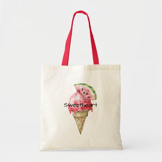 Green Red Watermelon Ice Cream Cone Sweetheart Tote Bag (Front)