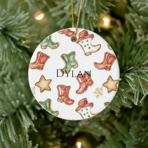 Green Red Western Cowboy Boots Christmas  Ceramic Ornament