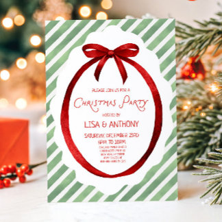 Green Red Whimsical Bow Frame Christmas Party Invitation