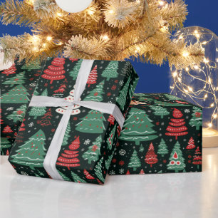 Green Red White Christmas Trees Black Christmas Wrapping Paper