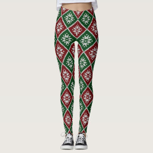 Green Red White Nordic Christmas Snowflake Pattern Leggings