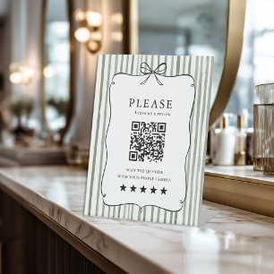 Green Red White Stripe Vintage Bow QR Code Review Pedestal Sign