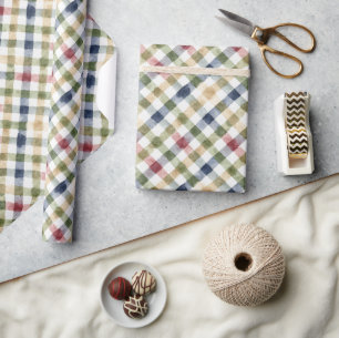 Green Red Yellow Blue Cream Plaid Stripes Birthday Wrapping Paper