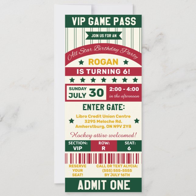 Green,Red,Yellow Sports Team Ticket Birthday Party Invitation (Front)