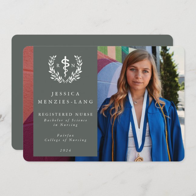 Green Registered Nurse Asclepius Graduation Photo  Announcement (Front/Back)
