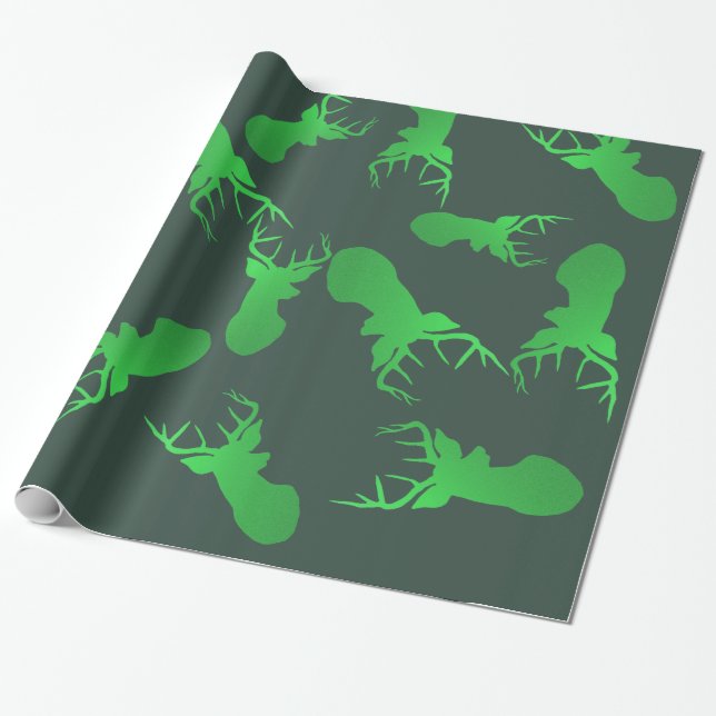 Green Reindeer Christmas Holiday Pattern Wrapping Paper (Unrolled)
