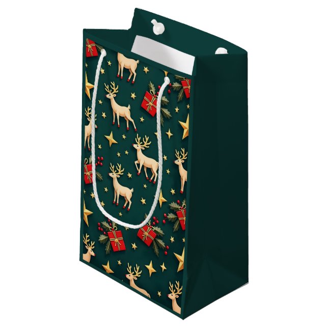 Green Reindeer & Gold Stars Christmas Gift Bag (Front Angled)