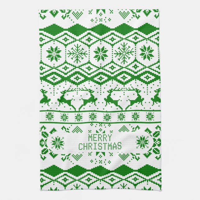 Green Reindeer Knitted Pattern White Background Tea Towel (Vertical)