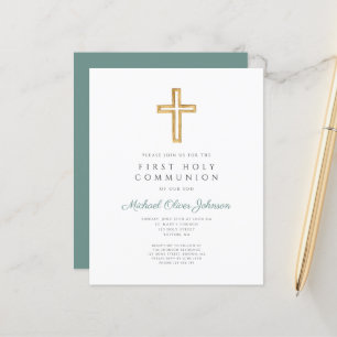 Green Religious Boy First Communion Budget Invite