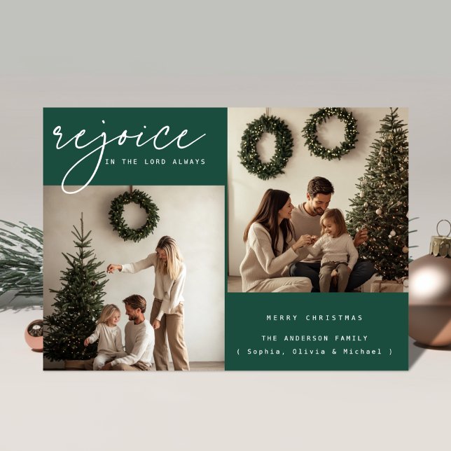 Green Religious Christmas Rejoice Family Photo Holiday Card (Creator Uploaded)