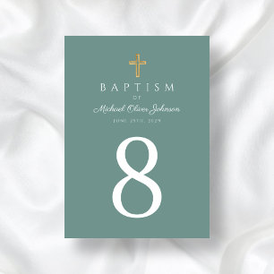 Green Religious Cross Boy Baptism Table Number