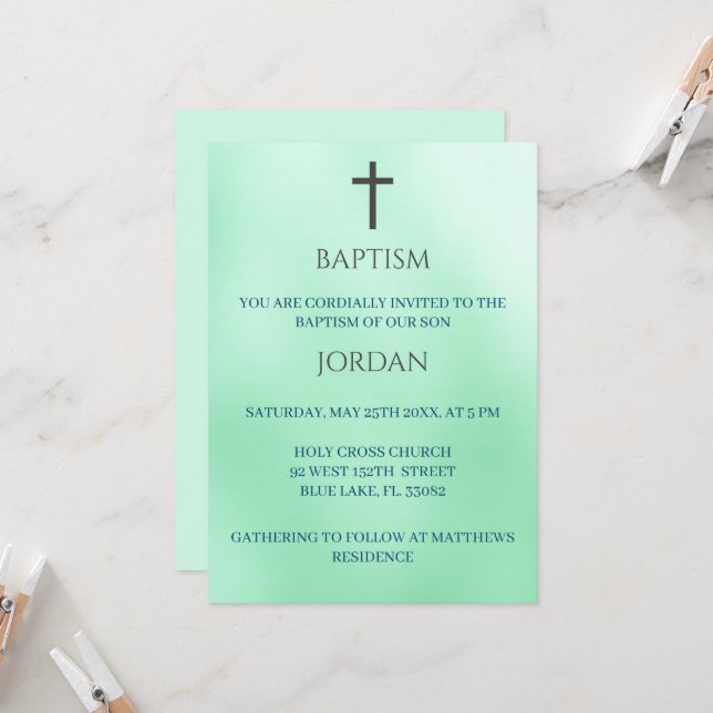 Green Religious Cross Traditional  Baptism  Invitation (Front/Back In Situ)