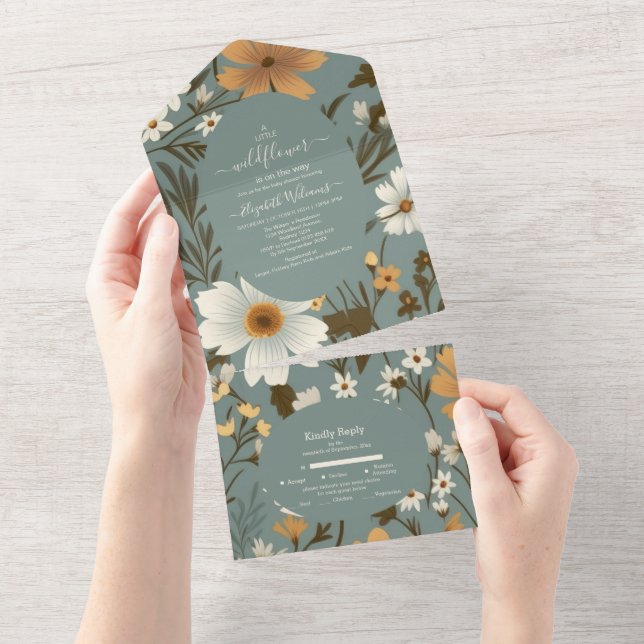 Green Retro A Little Wildflower Baby Shower All In One Invitation (Tearaway)