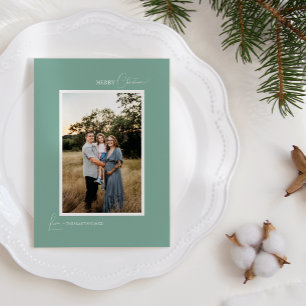 Green Retro Boho Minimalist Letter and Photo Holiday Card