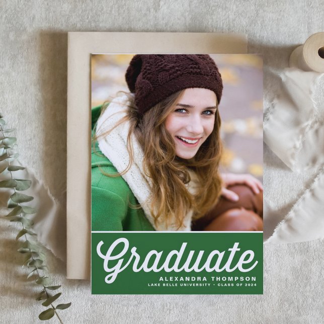 Green Retro Bold Typography Photo Graduation Invitation (Personalized Graduation Invitation with Retro Lettering on Green Background – Other colors available)