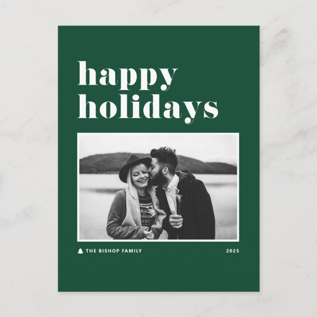 Green Retro Bold Typography Photo Happy Holidays Holiday Postcard (Front)