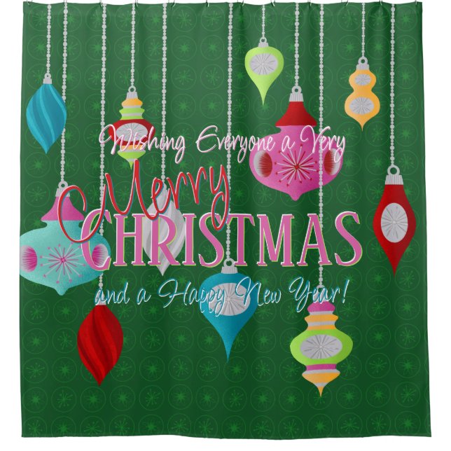 Green Retro Christmas Ornaments Shower Curtain (Front)