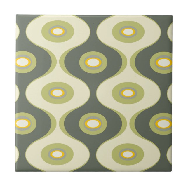 Green retro curves and ovals ceramic tile (Front)