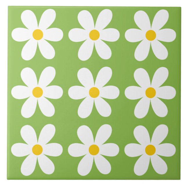 Green Retro Daisy Floral Pattern Ceramic Tile (Front)
