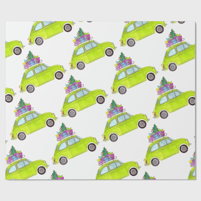 Green Retro Fiat 500 Christmas Gifts Watercolor Wrapping Paper (Flat)