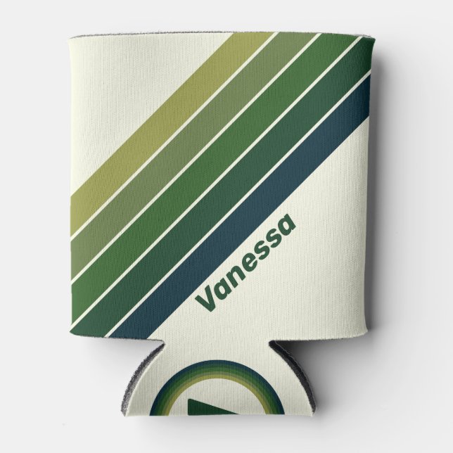 Green Retro five Stripes with Name Can Cooler (Front)