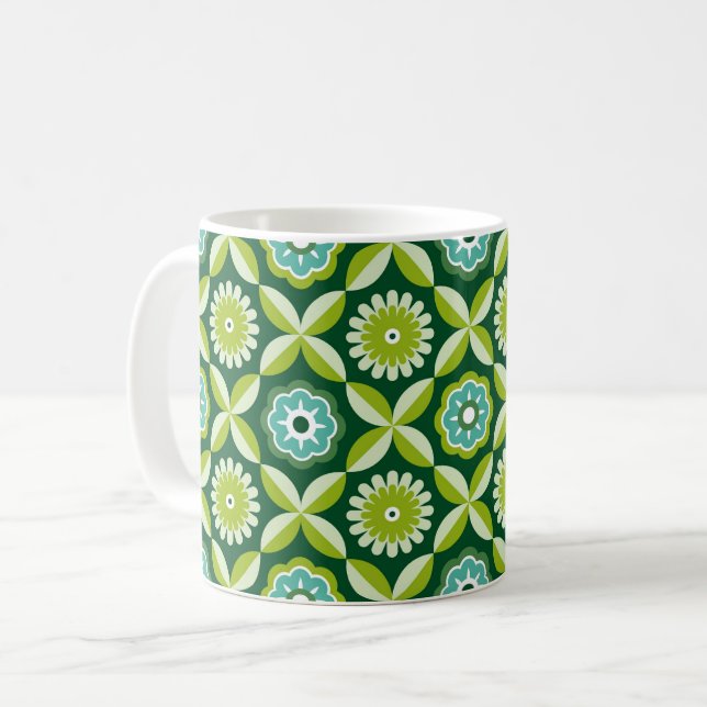 Green retro flowers coffee mug (Front Left)