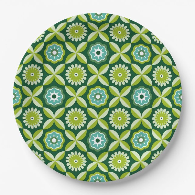 Green retro flowers paper plate (Front)