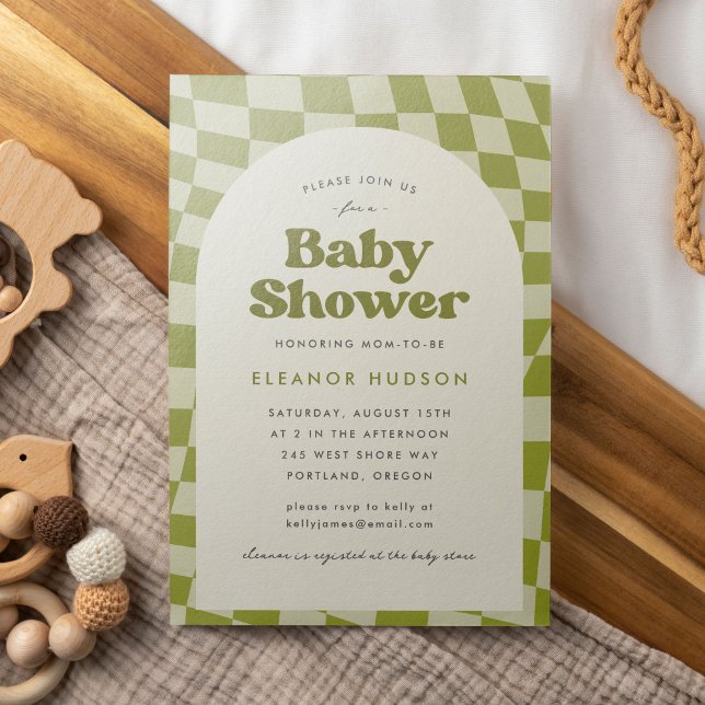 Green Retro Groovy 70s Chequerboard Baby Shower Invitation (Baby shower invitation with a retro, groovy, 70s theme. Features a green checkerboard pattern.)