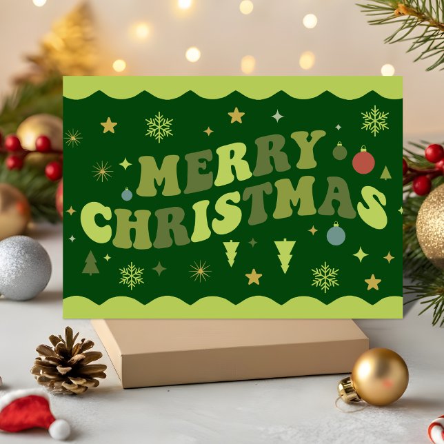 Green Retro Groovy Merry Christmas Holiday Card (Creator Uploaded)