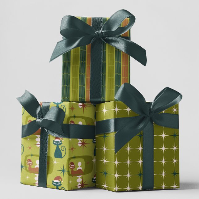 Green Retro Mid Century Modern Cat Christmas   Wrapping Paper Sheet (Creator Uploaded)