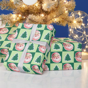 Green Retro Santa Claus Christmas Tree Plaid Wrapping Paper