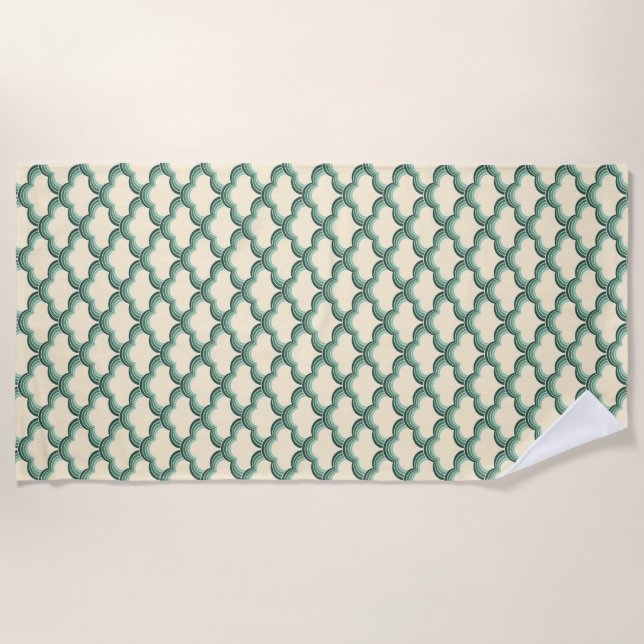 Green retro style waves pattern beach towel (Front)