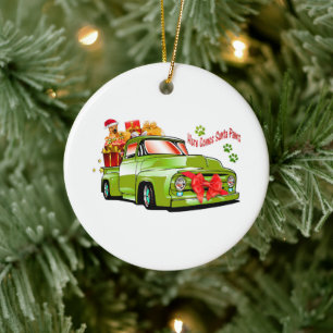 Green retro truck with gifts and dogb ceramic ornament