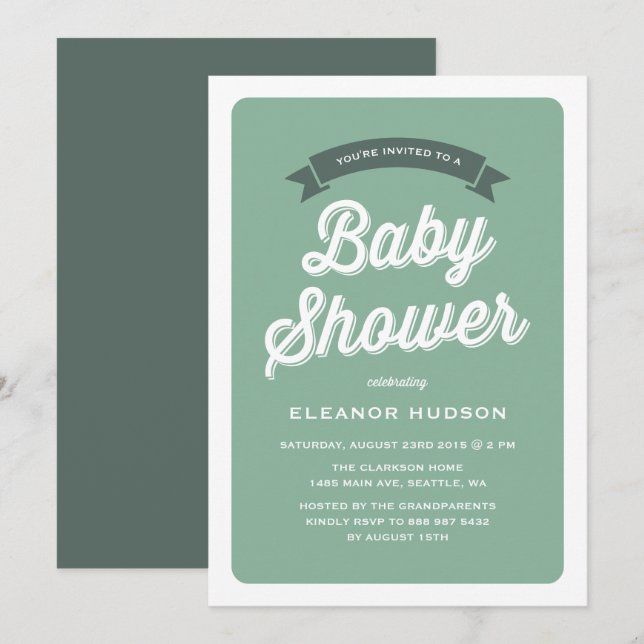 Green Retro Typography Script Classic Baby Shower Invitation (Front/Back)