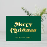 Green Retro Vintage Font Merry Christmas Foil Holiday Card<br><div class="desc">Merry Christmas card: a classic retro design,  with a vintage inspired typography in gold foil and a classic green background.</div>