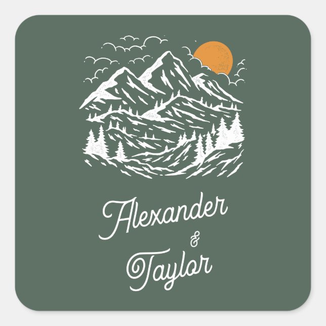 Green Retro Vintage Mountain Landscape Wedding Square Sticker (Front)