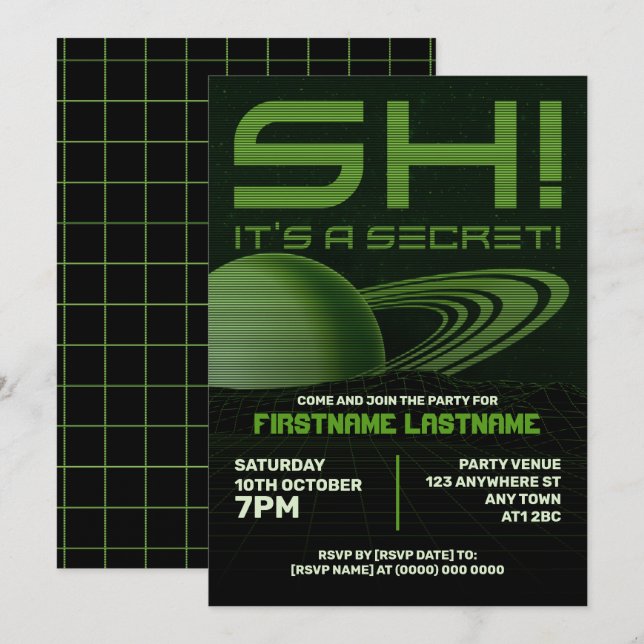 Green Retrowave Surprise Birthday Party Invite (Front/Back)