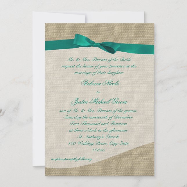 Green Ribbon and Burlap Wedding Invitation (Front)