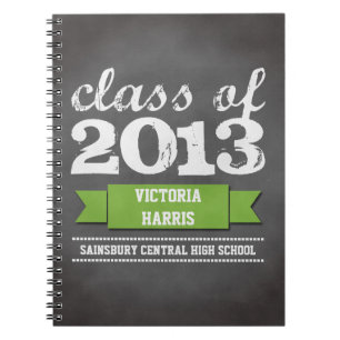 Green ribbon banner chalkboard graduation student notebook