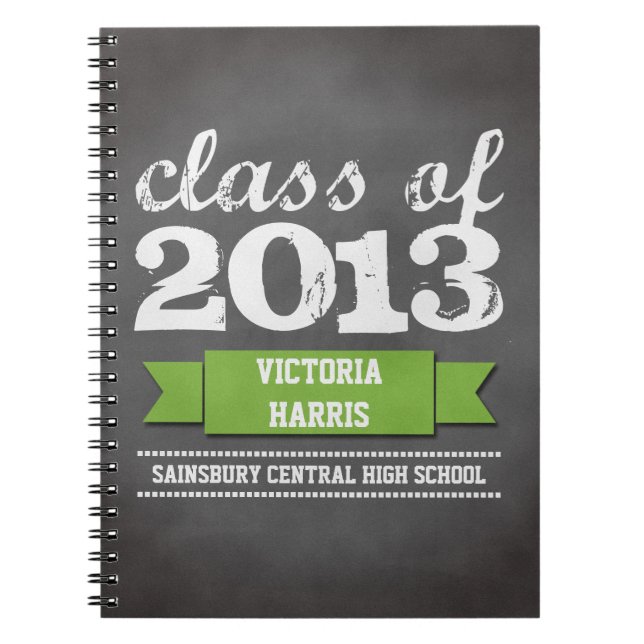 Green ribbon banner chalkboard graduation student notebook (Front)