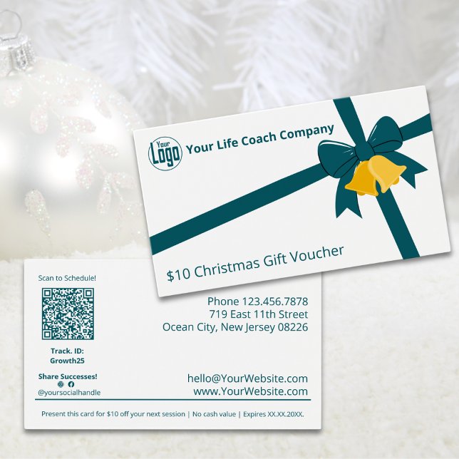 Green Ribbon Bells $10 Christmas Gift Voucher Card (Green Ribbon Bells $10 Christmas Gift Voucher Card, Business Card Size)