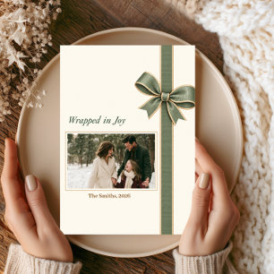 Green Ribbon Bow Photo Christmas Holiday Card