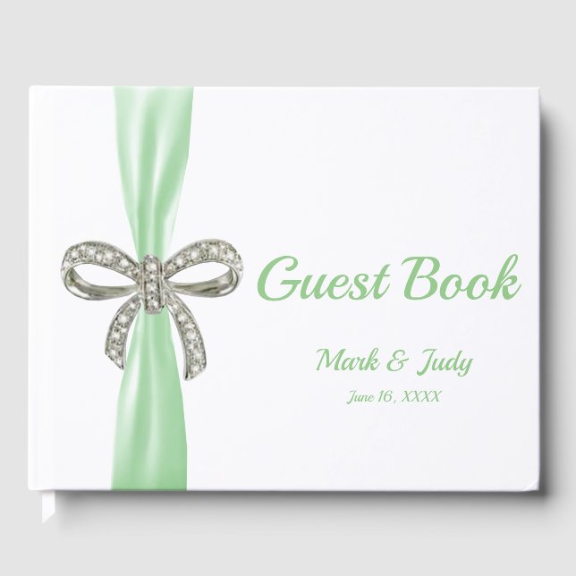 Green Ribbon Diamond Bow Wedding Guestbook (Front)