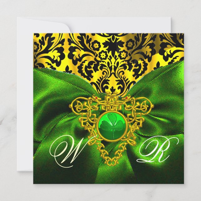 GREEN RIBBON GOLD CELTIC HEART DAMASK MONOGRAM INVITATION (Front)