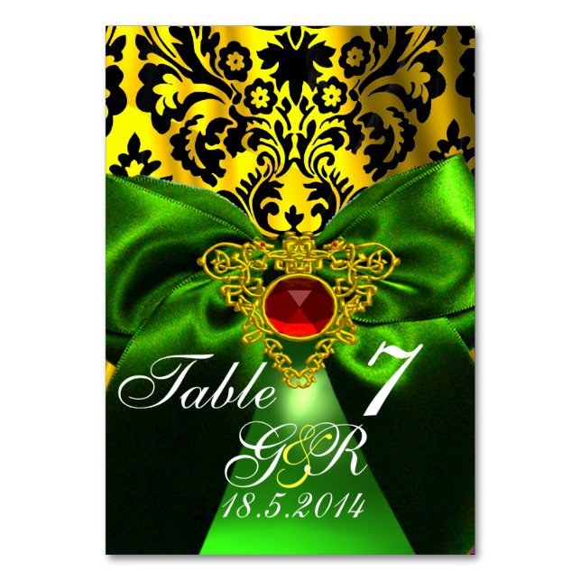GREEN RIBBON GOLD CELTIC HEART DAMASK MONOGRAM TABLE NUMBER (Front)