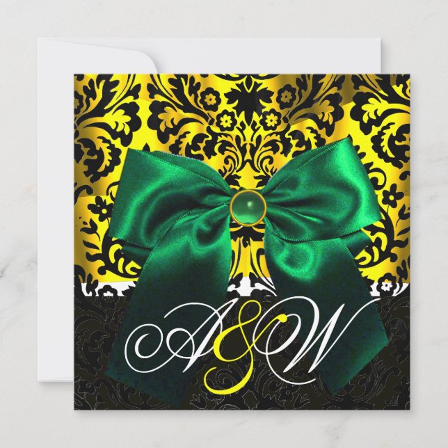 GREEN RIBBON GOLD YELLOW  BLACK  DAMASK MONOGRAM INVITATION (Front)