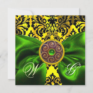 GREEN RIBBON GOLD YELLOW BLACK DAMASK MONOGRAM INVITATION